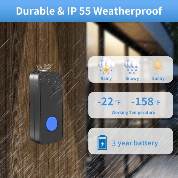Trådlös dörrklocka, IP55 vattentät plug in sladdlös dörrklockor chime kit-1000 Ft räckvidd 55 chimes 5 nivåer volym Led blixt, batteridriven Expanda Black 1 Push Button + 1 Receiver