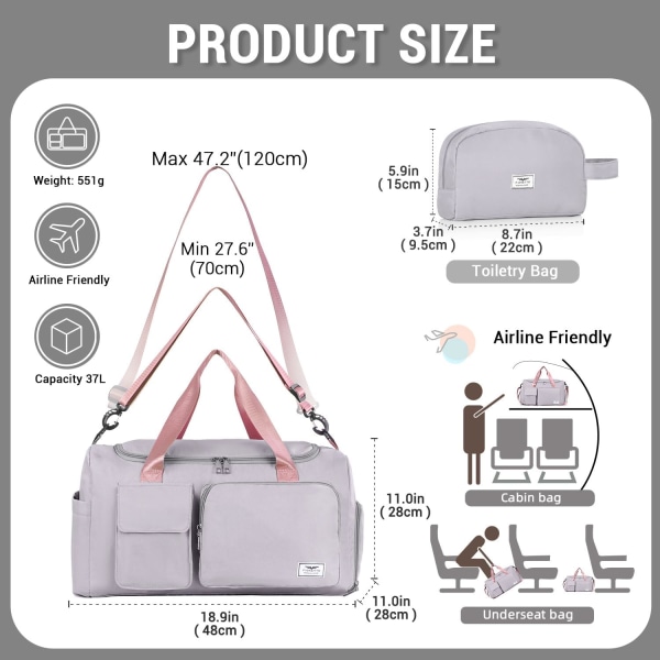 Sportväska för kvinnor och män, gymväska med skofack, weekendväska, övernattningsväska för kvinnor, hopfällbar, vattenavvisande, för sjukhus Grey&pink (With Toiletry Bag)