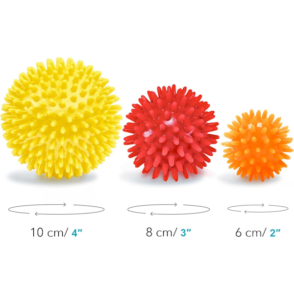 Piggete massasjeballer (sett med 3) - 6,5 cm, 7,5 cm, 9 cm - Plantar fasciitt, triggerpunkt, dypvev, myofascial frigjøring, stressball, yoga pilates ex Yellow, Red, Orange