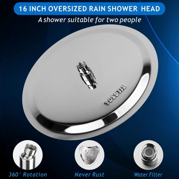 16'' Sadesuihku, Voolan Extra Large Round High Pressure -suihkupäät valmistettu 304 ruostumattomasta teräksestä, ylellinen moderni ulkoasu - Universaali seinä- ja C Chrome 16 inch