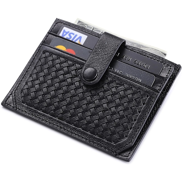 Korthållare i äkta läder, svart bifold plånbok, RFID NFC-blockering med myntficka med täckt knapp för män Black