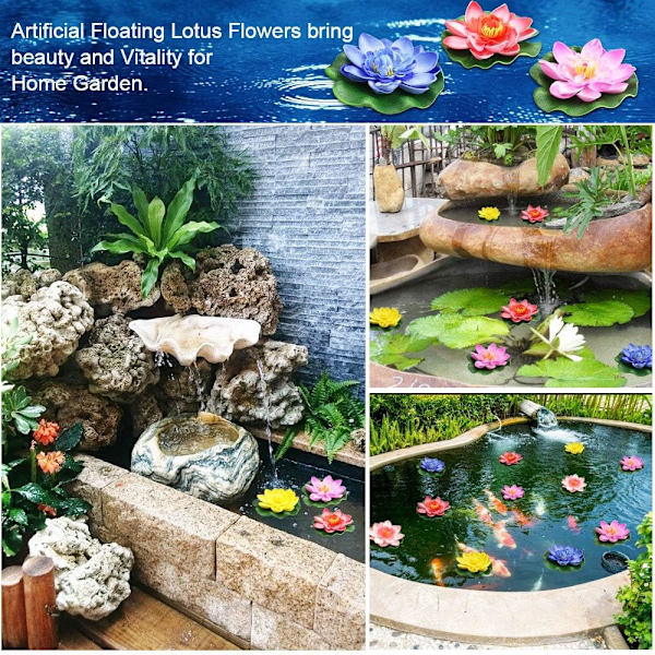 Flytende blomster for dammer, kunstige skumblomster Lotusblomster Falske flytende damsplanter Realistiske vannlilje pads ornamenter for hagedam Akvarium Fi Red, Yellow, Blue, Pink, Light Pink