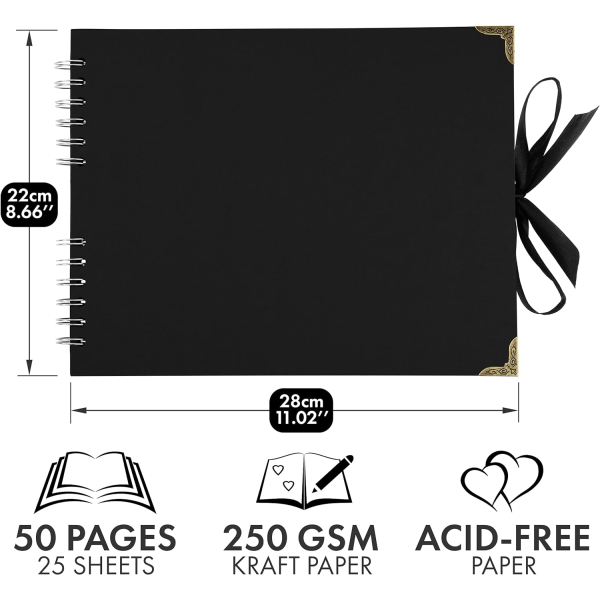 fy Stora klippbok fotoalbum 50 sidor (28 x 22 cm) Svart tjockt kraftpapper, minnesbok - perfekt för dina scrapbooking-, konst- och hantverksprojekt (Bl Black 28 x 22 Cm