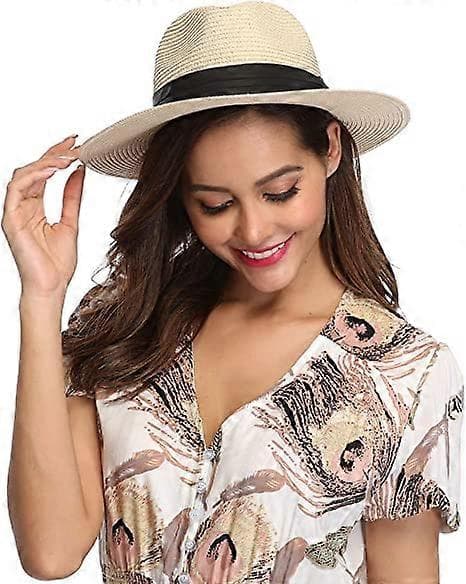 Dame Bredskygget Strå Panama Roll Hat Bæltespænde Fedora Strand Solhat