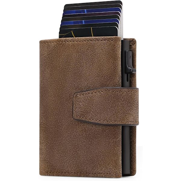Kredittkortholder RFID-blokkering Minimalistisk Trifold Herre Lommebøker Automatisk Pop Up Metallveske med ID-vinduer og glidelåslomme Frosted Brown