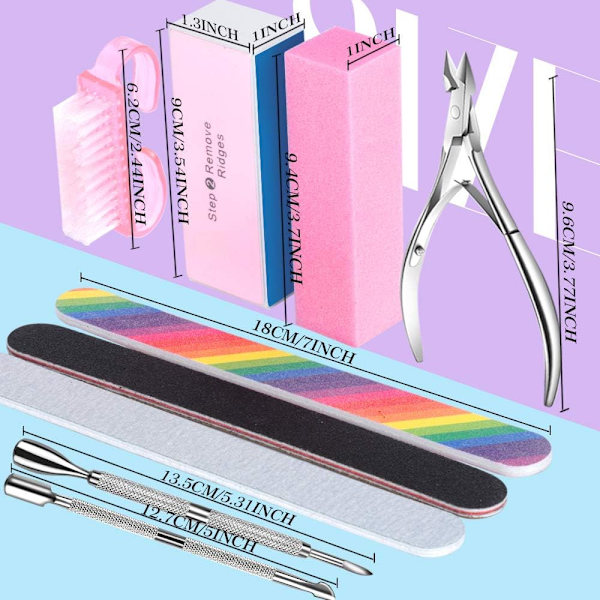 Nagelfilset - 3 st dubbelsidig nagelfil, rektangulär nagelbuffer, bufferblocksvamp polerad, nagelborste, kommer med nagelbandstång och tryck Pink