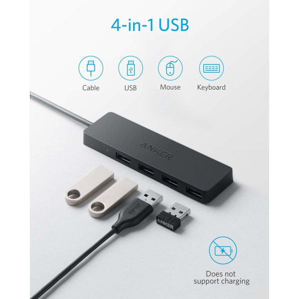 4-ports USB 3.0 Ultra Slim Data Hub med 60 cm forlenget kabel for Macbook, Mac Pro/mini, iMac, bærbar PC, USB-minnepinner, mobil HDD og mer