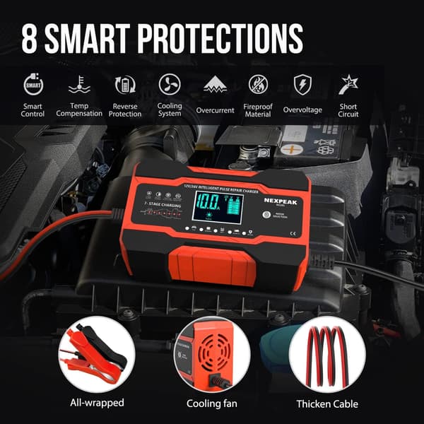 10 amp bilbatterioplader, fuldautomatisk smart batterioplader til 12 volt og 24 volt