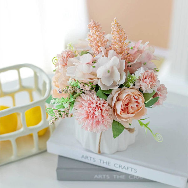 Kunstige blomster falske pæon silke hortensia blomst med vase blomst dekoration arrangementer til bryllup dekoration bord midtpunkter (Pink Keramik Pink Ceramic Vase Set