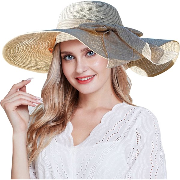 Dam bredbrättad halmhatt Floppy hopfällbar rulla upp keps strand solhatt UPF 50+ 08BBowTieBeige