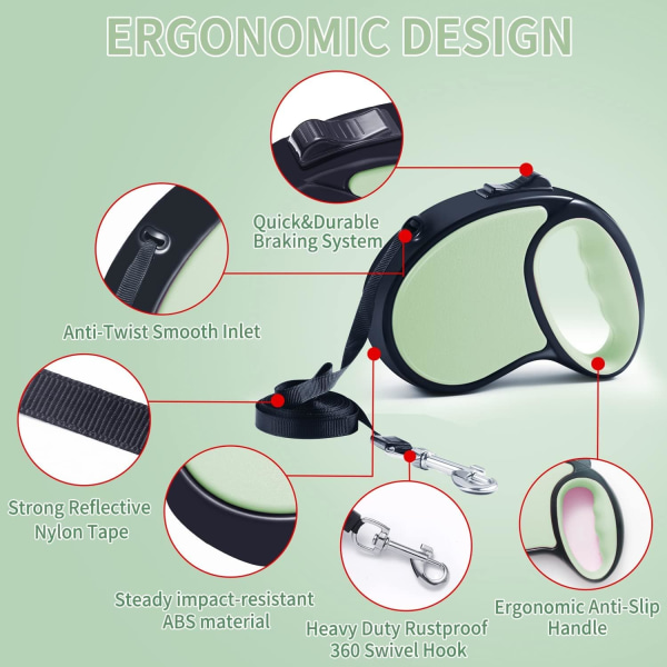 Retractable-koiranhihna, ANCOOLE 5M/16FT pidennyttävä koiranhihna 360° sotkeutumaton sileä ja kestävä nylonnauha liukueste kahvalla, yhden käden jarru pienille ja keskisuurille koirille, vihreä Green Small, Medium