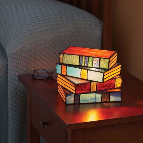 Färgat glas staplade böcker lampa, staplade böcker glaslampa nattlampa, läsning hörnbelysning bordslampa, belysning bok lampor, bordslampa heminredning