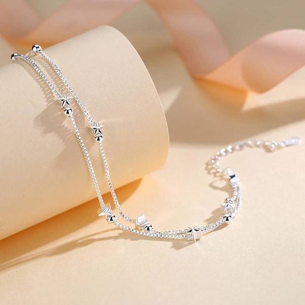 Elegant Mini Stars Perle Charm Armbånd 925 Sterling Sølv Boks Kæde Lagdelt Armbånd, Justerbar Venskab Link Armbånd Smykker til Kvinder Mini Starsister