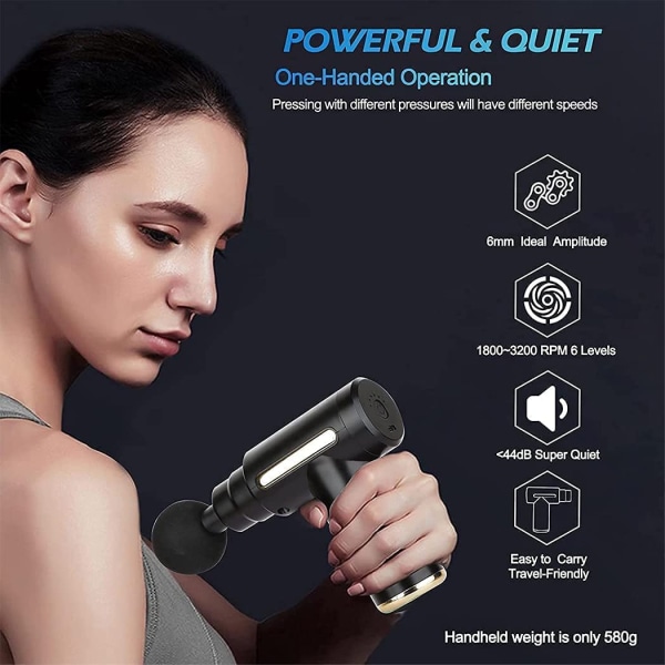 Minimassagepistol, muskelpistol, massageapparat til dybt væv, LCD-berøringsskærm, Type-C percussion muskelmassageapparat, bærbart håndholdt kropsmassageapparat, stille（sort）
