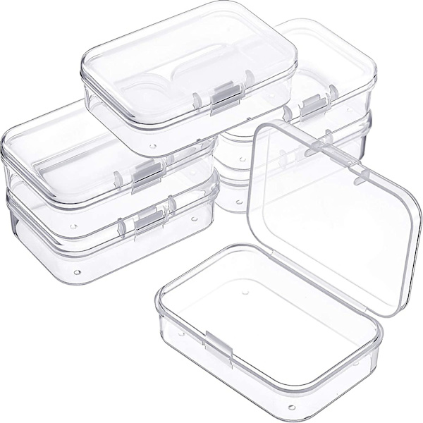 6 stycken Mini genomskinliga plastbehållare för förvaring av små föremål, pärlor, smycken, visitkort, hantverk (6,4 x 4,4 x 2 cm)