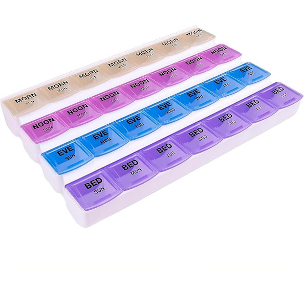 Weekly Pill Organizer, 4 Times a Day Color Coded, Easy Open, Clear Lids