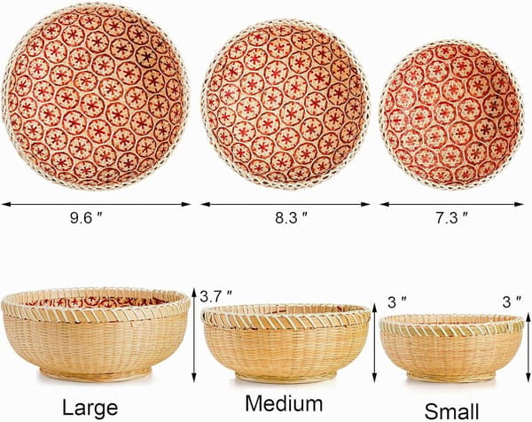 Set of 3 Woven Rattan Storage Baskets, Bamboo Bread Basket Round Rattan Serving Basket Rustic Decor, Stackable 9.6 inch/8 inch/7 inch
