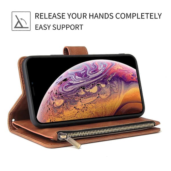 Plånboksfodral för iPhone 11, Handväska med dragkedja Ficka Ställ Kortplats med handledsrem TPU Stötsäkert Flipskydd för iPhone 11 - Brun
