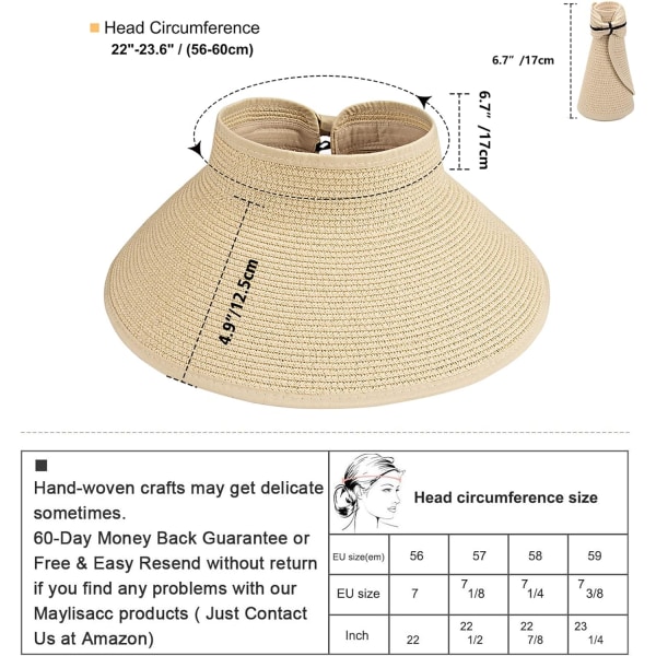 Rullbar solhatt med bred brem i strå for damer, sammenleggbar sommerhatt uten topp for kvinner, justerbar UV-visir med sløyfe 2 PackBeige & Khaki 77.375