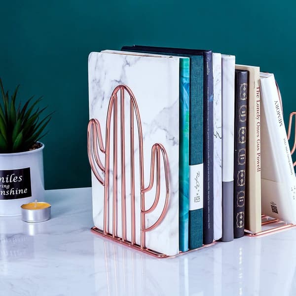 Bookends, Bookends, Geometric Metal Bookends for Shelves Decorative Bookends, Gold Cactus Design Bookends