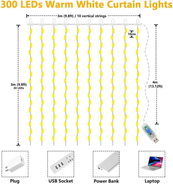 LED Curtain String Lights, 3m × 3m 300 USB Fairy Lights 8 Modes with Remote Control for (Cool White)