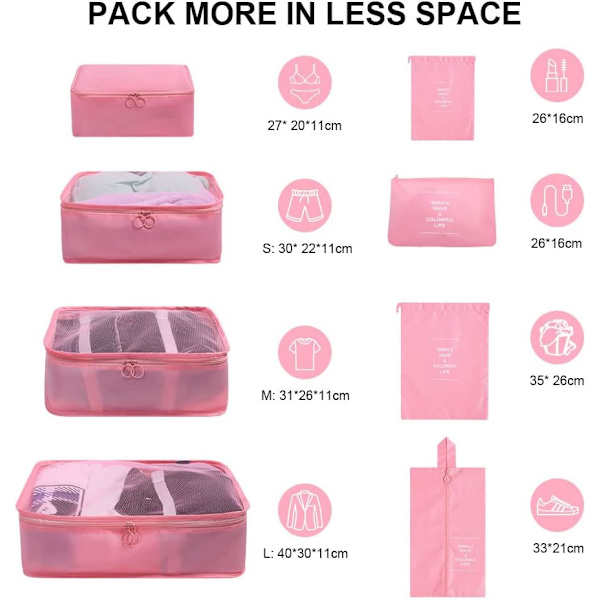 Hopfällbara vattentäta packningskuber, 8 st researrangör packpåsar resebagage packningsorganisatörer med skopåse för kläder resväska sko Pink S
