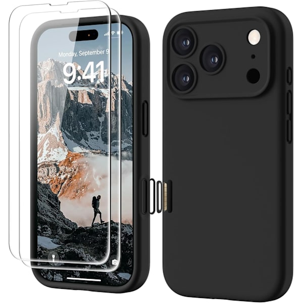 3 IN 1 for iPhone 17 Pro Case Premium Liquid Silicone, with 2X HD Screen Protector, Black