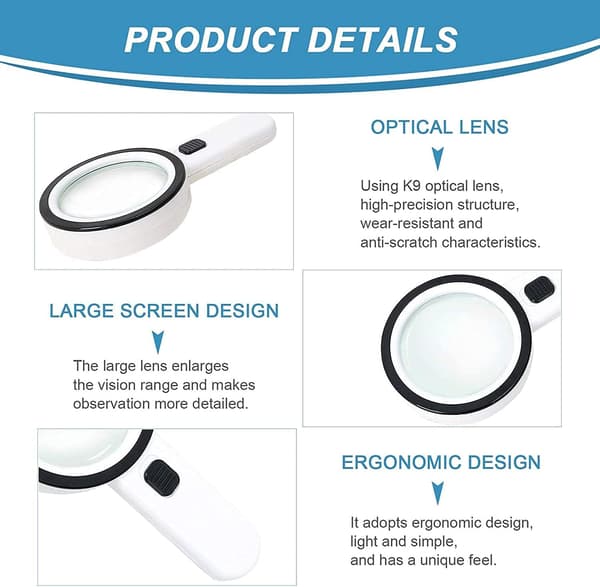 Magnifying Glass with 12 LED Lights, 30X Dual Lens Handheld Illuminated Magnifier Reading