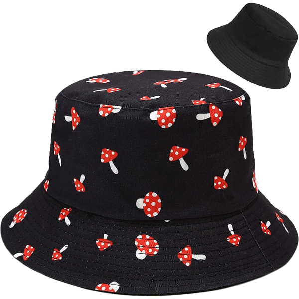 Söpö Bucket Hat Beach Fisherman hatut naisille, käännettävä kaksipuoleinen kuluminen Mushroom Black