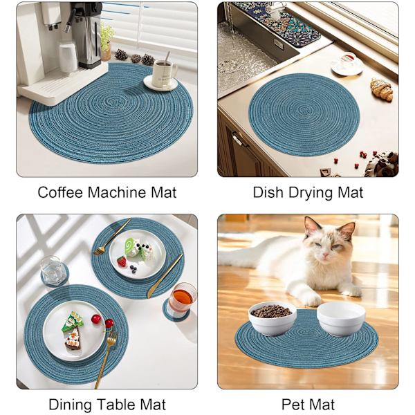 38cm Vävda Runda 6 Stycken Placemats Värmeisolering Flätad Bomull Middagsbord Mattor Tvättbara Place Mats för Hemmafest Bröllop Restaurang (Blå)