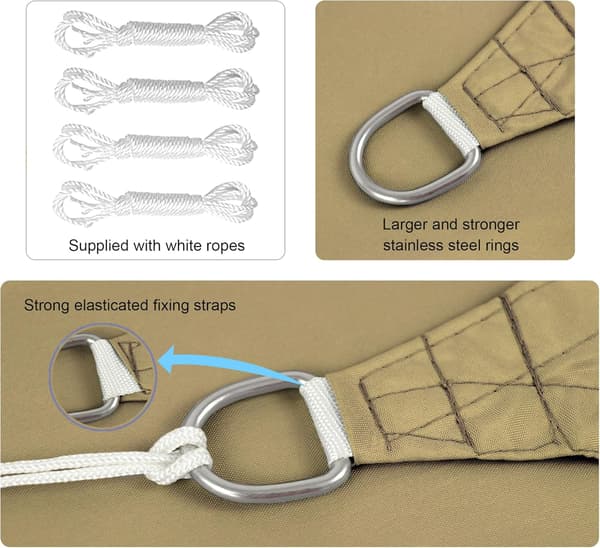 Rectangular Triangular Sun Sail made of PES Polyester, Waterproof, with UV Protection and Fastening Rope (2 x 2 m, Sand Color)