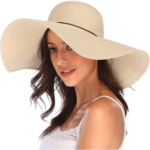 Kvinner Foldable Floppy Bred Brede Brede Solhatt Sommer Strandhatt UV UPF 50+ 04Style Beige