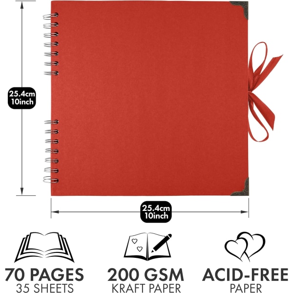 fy 25,4 x 25,4 Cm utklippsbokalbum 70 sider rødt tykt kraftpapir hjørnebeskyttere, båndlukking - ideell for ditt scrapbooking-, kunst- og håndverksprosjekt Red 25.4 x 25.4 Cm