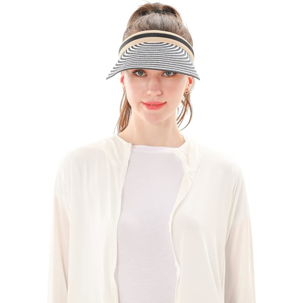 Kvinners Stor Bredde Strand Halm Golf Solhatt Sommer Cap Black Stripe One Size