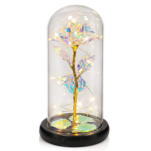 Galaxy Ros i Glas med LED-ljus, Färgglad Rosblomma Gåva för Alla hjärtans dag Bröllopsdag (Färgglad)