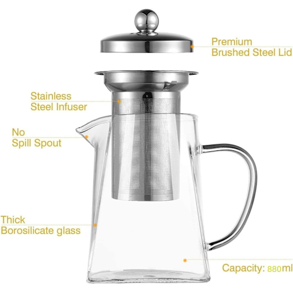 Glas Tekande med Infuser, 880ml Glas Tekande til 4, Tekande Si til Løse Te Blade Transparent 880ML