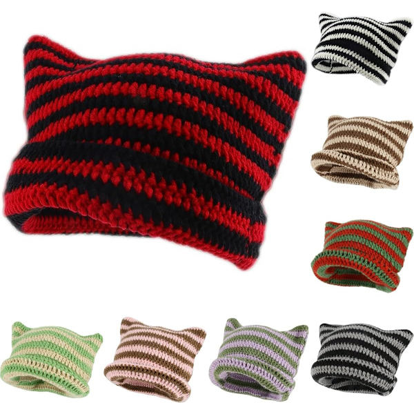 Dam Cat Beanie Stickade Hattar Med Öron Stickade Randiga Vinter Varma Slouchy Elastisk Mössa För Flickor Vuxna Barn Black, red One size