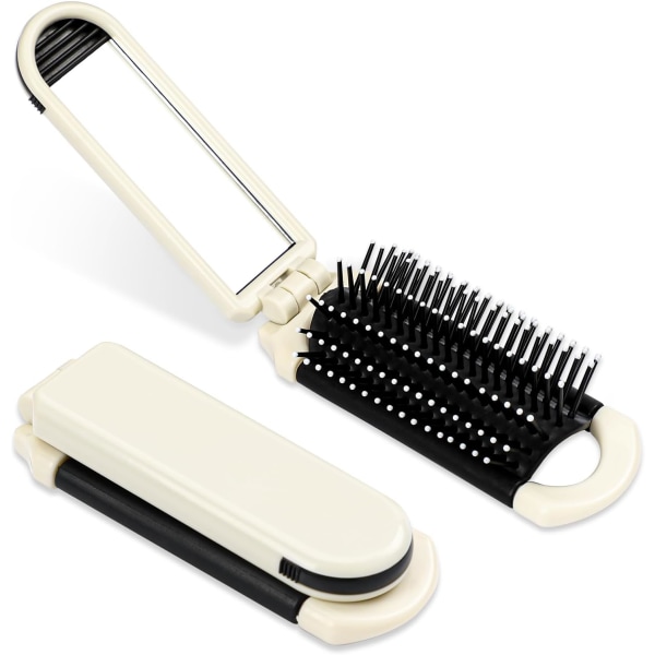 Vikbar resehårborste med spegel Hopfällbar fickstorleksborste Mini hårborste Massagekam Kompakt hårborste Hårstylingverktyg för gym, Off white