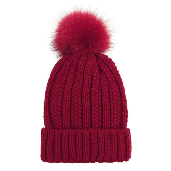 Damestrikket hue med satinfor Pom Pom Vinter Varm Cap Bobble Hat Hår Beskyttende Silkeagtig Stretch Strik Hat, rød