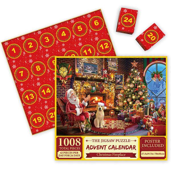 Julepuslespil adventskalender, 1008 stk. puslespil til voksne børn,jule adventskalendergaver til dåbsgaver (D)