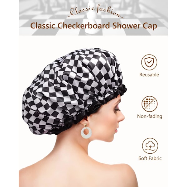 Duschmössa för kvinnor 2-pack, återanvändbar, dubbla lager vattentät badmössa med mjukt PEVA-foder, duschmössa för långt hår medium, Chec Checkerboard Medium (Pack of 2)