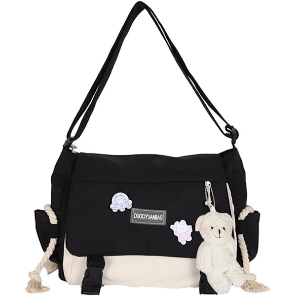 Kawai Ryggsäck Japansk Skolväska Söt Messenger Bag med Björnpäls Kawai Pin Estetisk Ryggsäck för Tonårsflickor Barn Kvinnor A Black