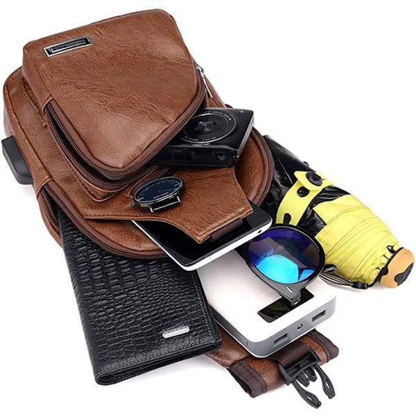 PU-nahkainen olkalaukku miehille ja naisille, pieni olkalaukku, crossbody-rintareppu, jossa USB-latausportti ja kuulokeliitäntä, ulkoiluun, matkustamiseen ja patikointiin #21brown(pu/Usb)
