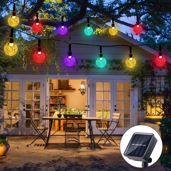 Solcelle-lysstreng til haven, 50 LED 24Ft Multifarvede Festivallys Krystal Kugle Dekorative Feelygter Vandafvisende til Terrasse, Bryllup,