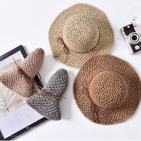 Solhatt i halm för kvinnor, damer, hopfällbar, bredbrättad, med rosett, justerbar, strandhatt, elegant hinkhatt, UPF 50 UV-skydd, bekväm Khaki One Size