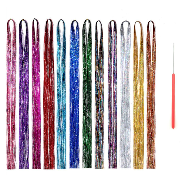 12 väriä tinsel-hiustenpidennykset, kimaltelevat, kiiltävät, värikkäät synteettiset hiukset naisille ja tytöille