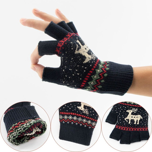 Unisex Vinterhalvfingerhandskar Varma Vinter Fingerlösa Pekskärmhandskar Stretchig Stickad Skrivhandskar Black