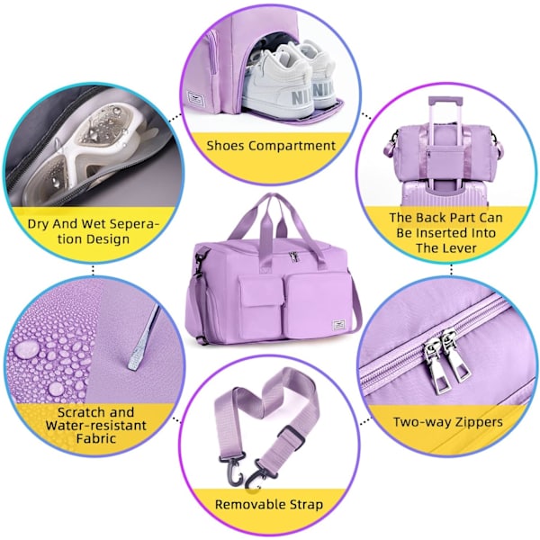 Sports- og træningstaske til kvinder og mænd med skorum, weekendrejsetaske, overnatningstaske til kvinder, sammenklappelig vandafvisende hospitalstaske Plum Purple (With Toiletry Bag)