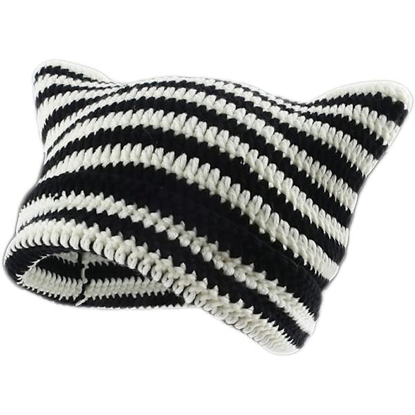 Dam Cat Beanie Stickade Hattar Med Öron Stickade Randiga Vinter Varma Slouchy Elastisk Mössa För Flickor Vuxna Barn Black white One size