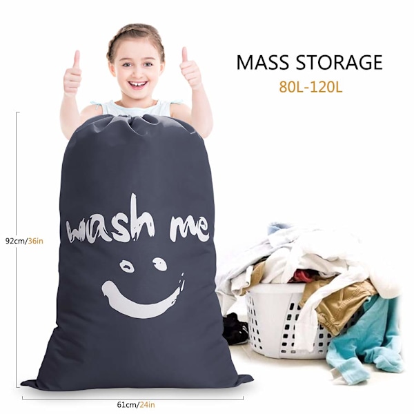 Ekstra Stor Vasketøjspose, 120L Foldbar Opbevaringspose med Snørelukning, 420D Nylon Vaskepose Stofpose til Rejser, 63x93cm, 2 Grå Smil grey